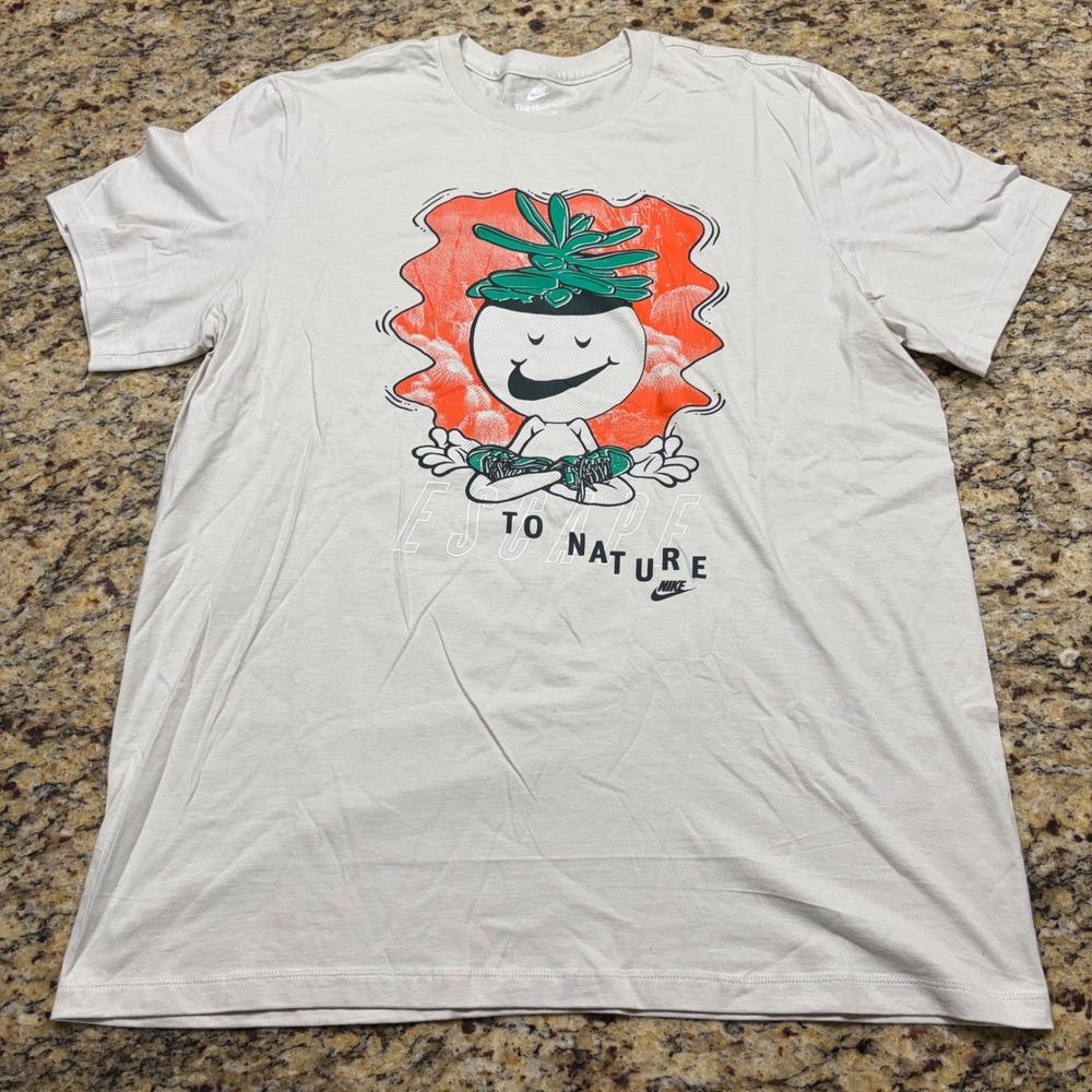 Nike Mens XL Escape to Nature Graphic T-Shirt Beige Meditating Succulent Tee v